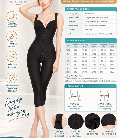 Áo gen định hình toàn thân NT-016 Casvico màu đen kèm thông số sản phẩm và bảng chọn size