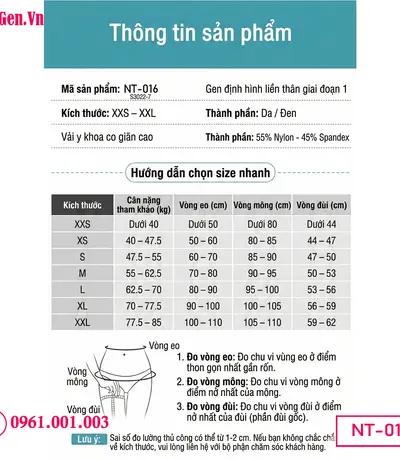 Bảng Kích thước Quần gen cao cấp sau phẫu thuật thẩm mỹ giúp nâng đỡ và định hình