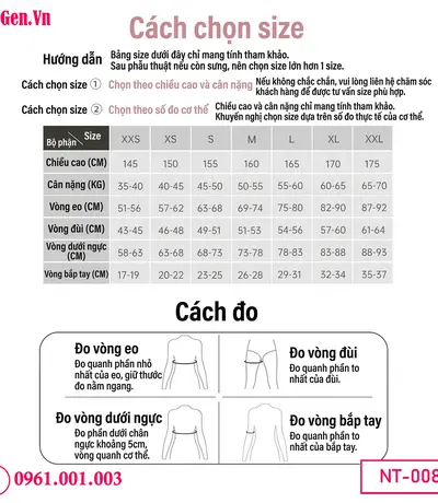 bảng size Áo gen nén sau hút mỡ nách, bắp tay, bụng và mông giúp cố định mô mềm