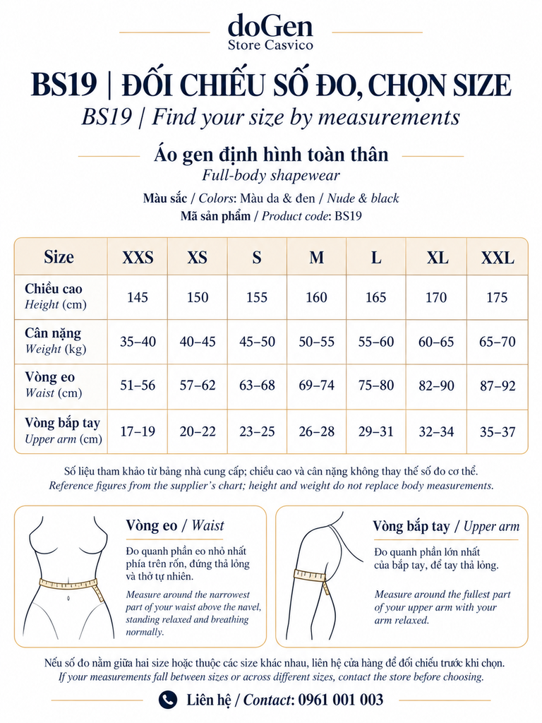Bảng size áo gen BS19 từ XS đến XXL theo vòng eo và bắp tay