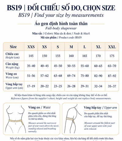 Bảng size áo gen BS19 từ XXS đến XXL theo vòng eo và bắp tay
