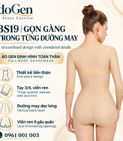 Mặt sau bộ gen liền thân màu da với đường may giữa lưng và viền ren