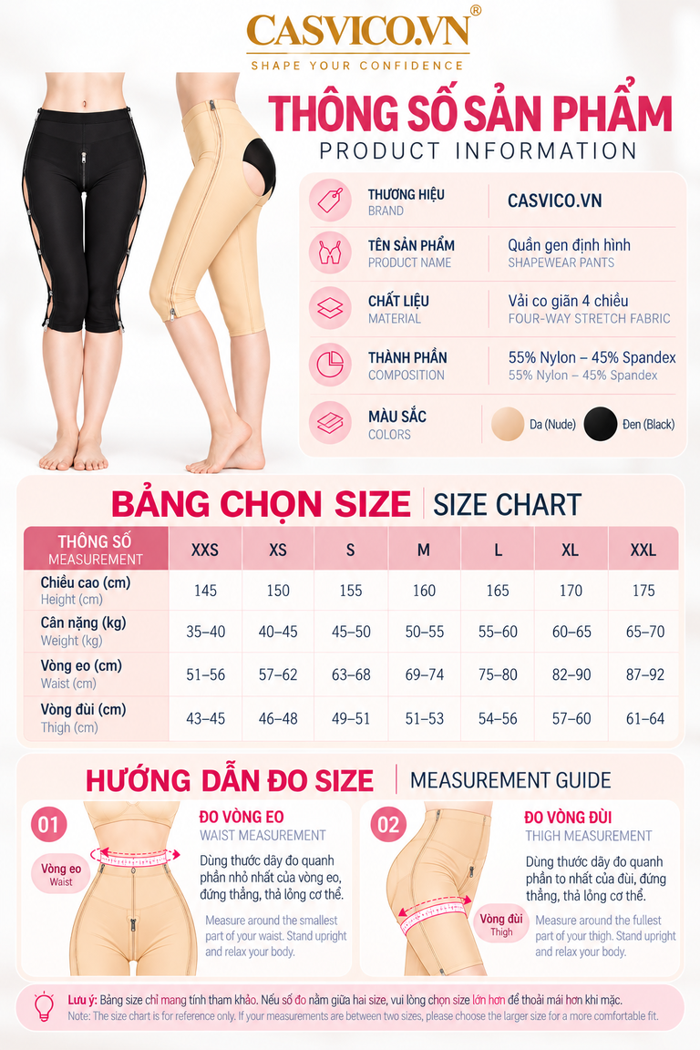 Thông số và bảng chọn size quần gen định hình Casvico
