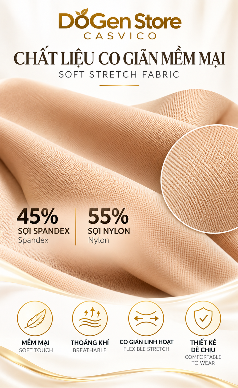 Chất liệu quần gen định hình đùi mông Casvico 55% Nylon 45% Spandex