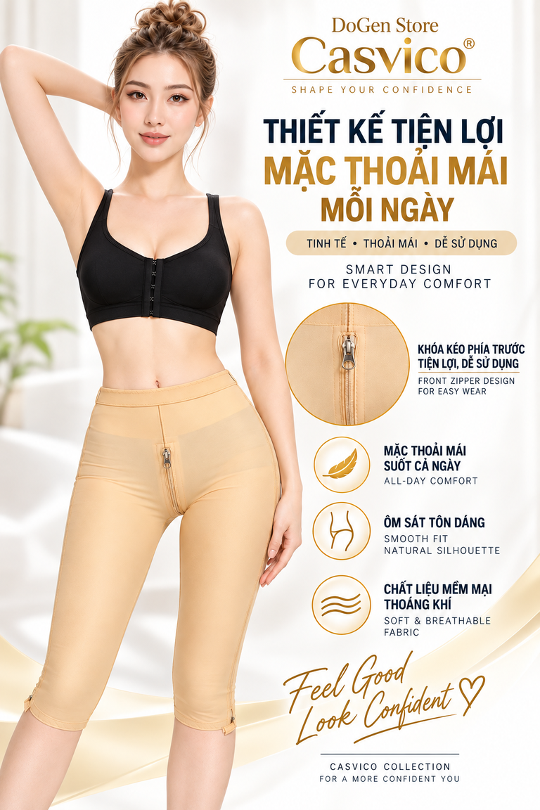 Người mẫu mặc quần gen định hình màu nude Casvico