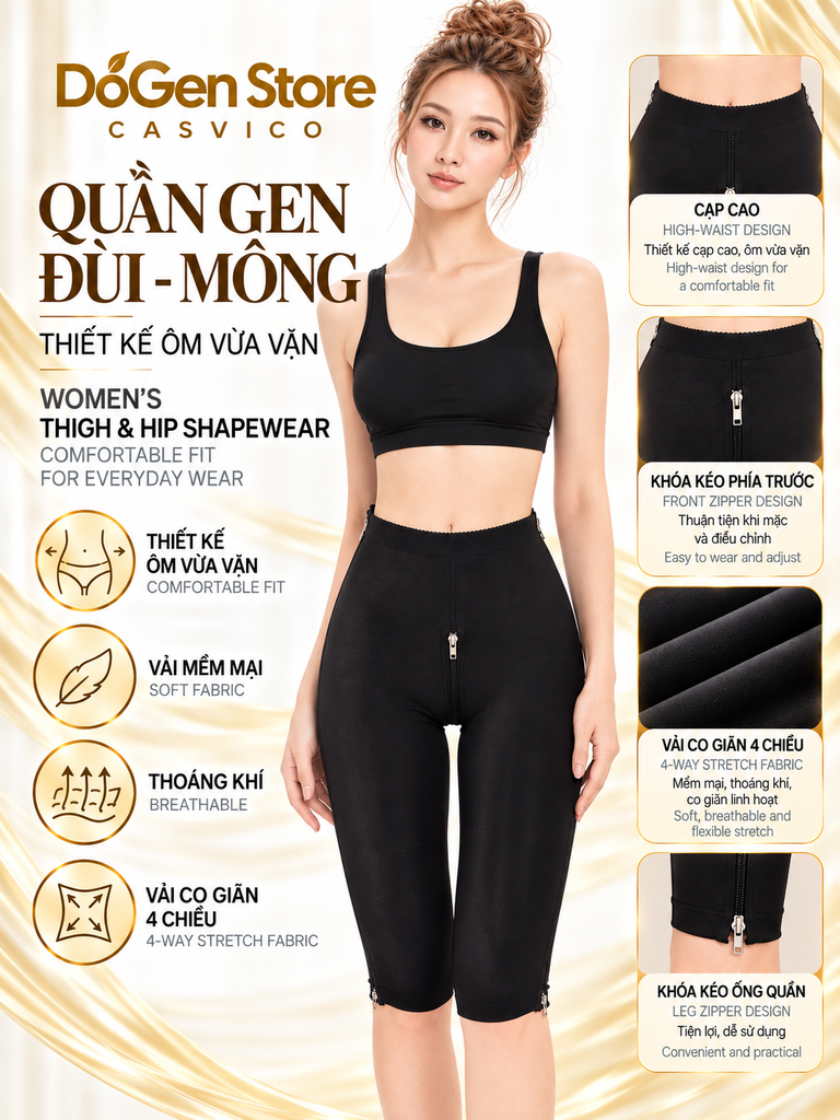 Quần gen định hình đùi mông Casvico với khóa kéo phía duowis ddasy