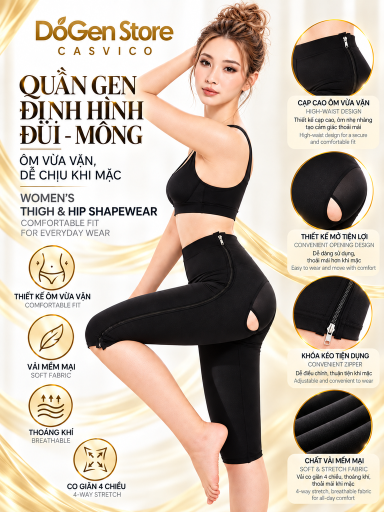 Quần gen định hình đùi mông Casvico màu đen