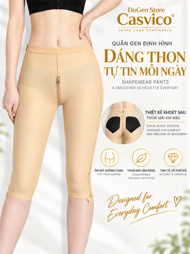 Quần gen định hình màu nude Casvico dáng dài đến dưới gối