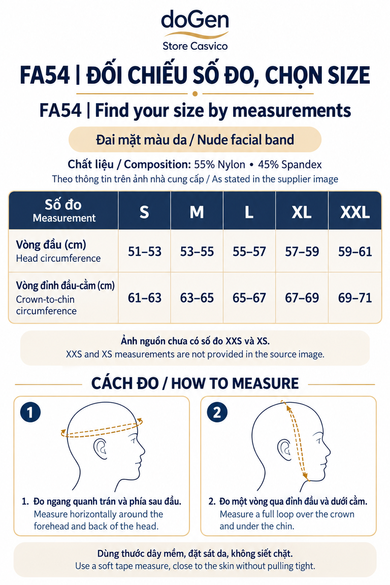 Bảng size đai mặt FA54 từ S đến XXL cùng hình minh họa cách đo vòng đầu và đỉnh đầu–cằm
