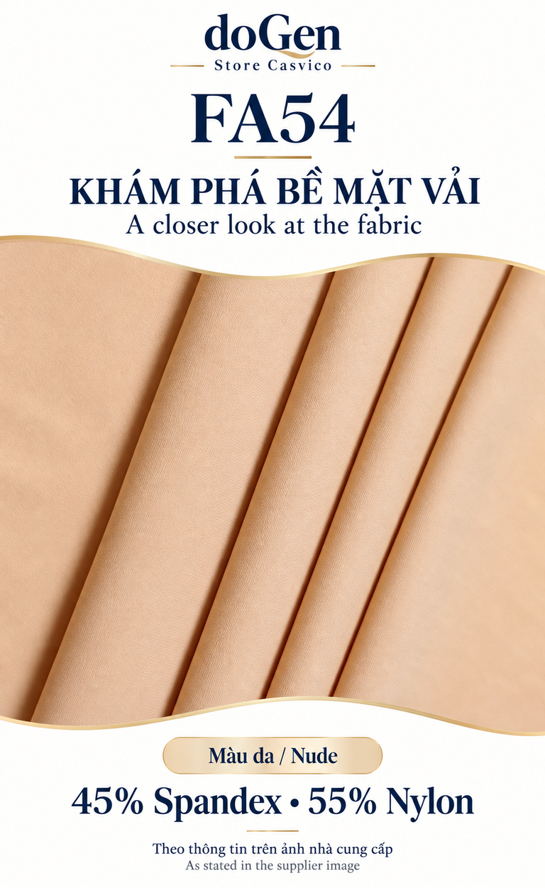Bề mặt vải màu da của đai mặt FA54 với các nếp gấp và thông tin thành phần trên poster