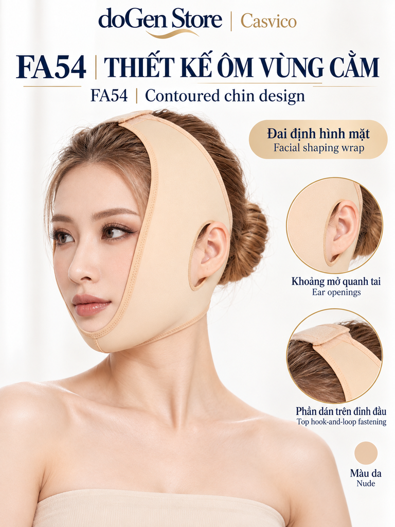 Đai mặt FA54 nhìn góc nghiêng với chi tiết lỗ mở tai, miếng dán trên đỉnh và màu vải