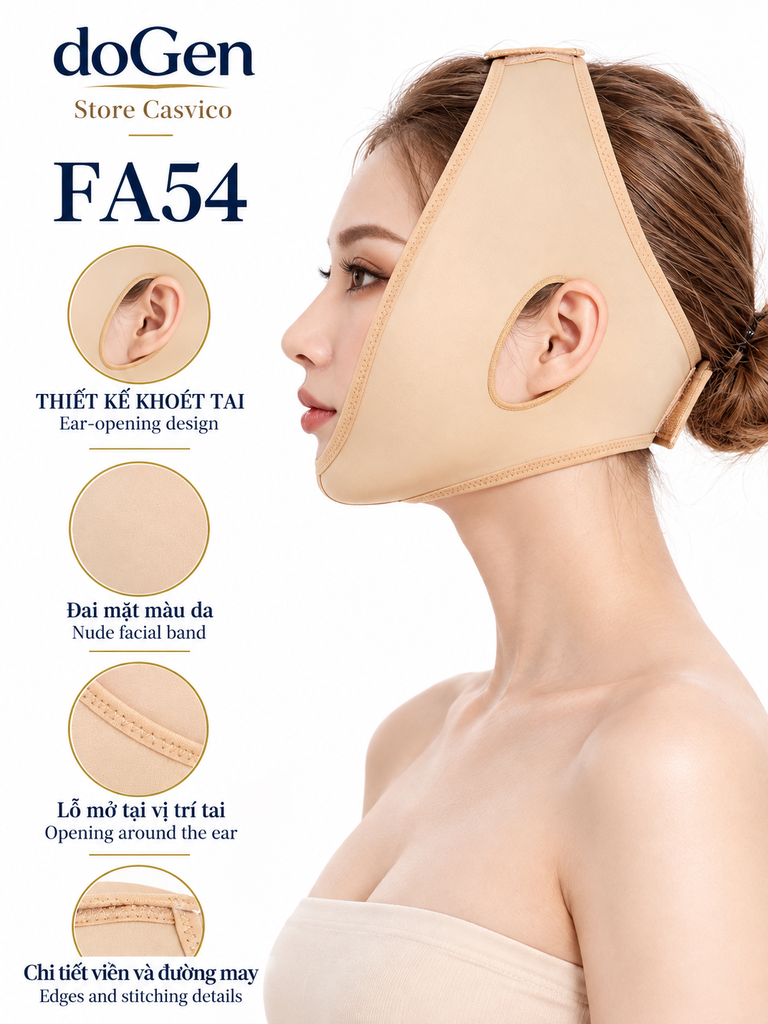 Đai mặt FA54 nhìn nghiêng với các ảnh cận cảnh lỗ mở tai, bề mặt vải và đường may