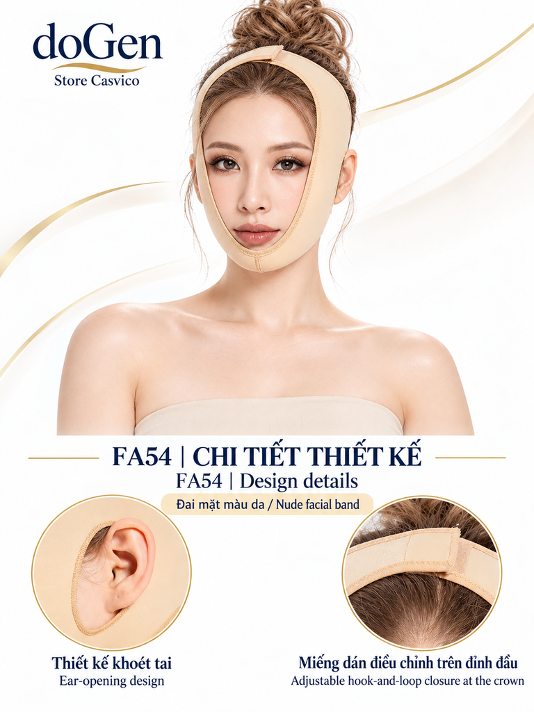Người mẫu đeo đai mặt FA54 màu da, kèm chi tiết lỗ mở tai và miếng dán trên đỉnh đầu
