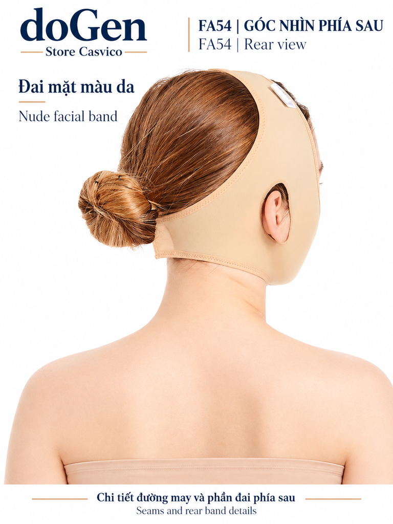 Góc phía sau của đai mặt FA54 màu da, thể hiện phần vải và đường may sau đầu