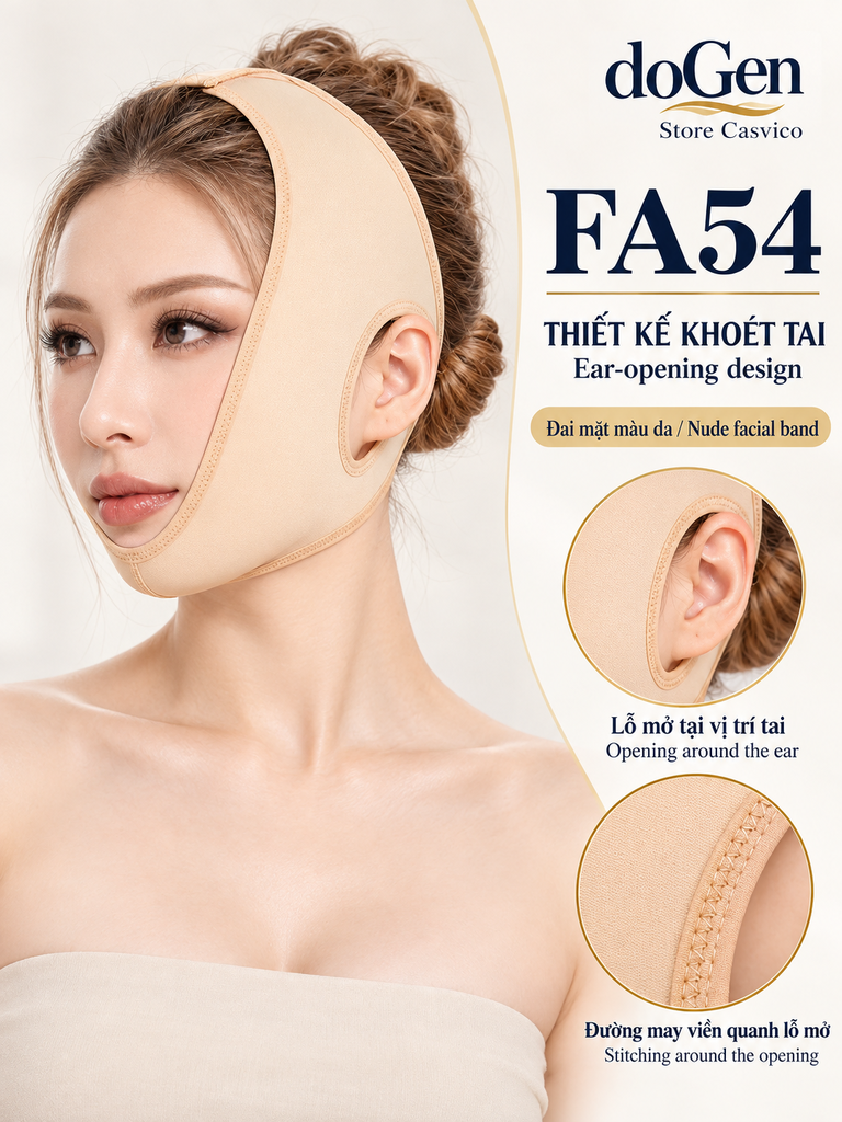Thiết kế khoét tai của đai mặt FA54 màu da với chi tiết đường may quanh lỗ mở