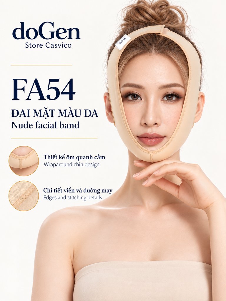 Người mẫu đeo đai mặt FA54 màu da với chi tiết phần đai ôm cằm và đường may viền