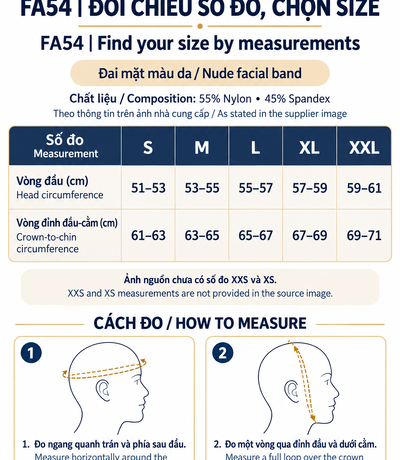 Bảng size đai mặt FA54 từ S đến XXL cùng hình minh họa cách đo vòng đầu và đỉnh đầu–cằm