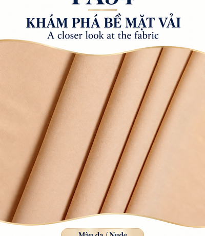 Bề mặt vải màu da của đai mặt FA54 với các nếp gấp và thông tin thành phần trên poster