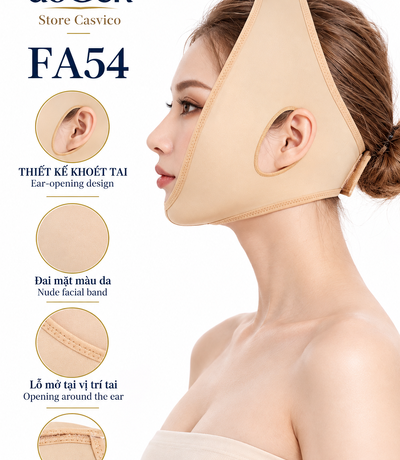 Đai mặt FA54 nhìn nghiêng với các ảnh cận cảnh lỗ mở tai, bề mặt vải và đường may