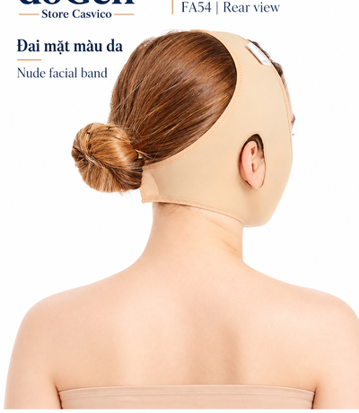 Góc phía sau của đai mặt FA54 màu da, thể hiện phần vải và đường may sau đầu