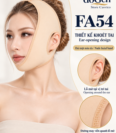 Thiết kế khoét tai của đai mặt FA54 màu da với chi tiết đường may quanh lỗ mở