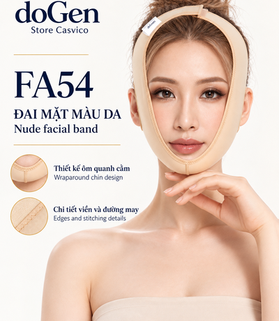 Người mẫu đeo đai mặt FA54 màu da với chi tiết phần đai ôm cằm và đường may viền