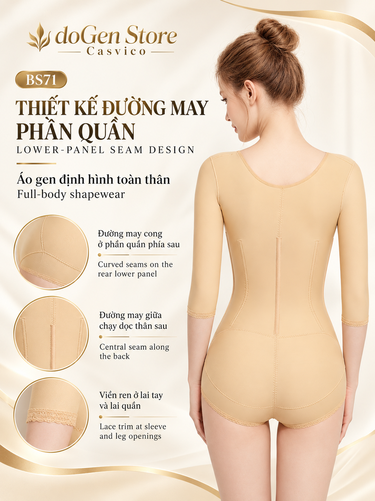 Mặt sau áo gen BS71 màu da với đường may giữa, đường may cong và viền ren