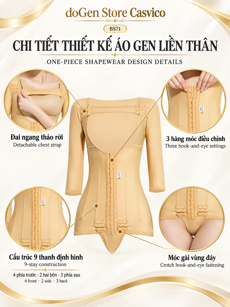 Chi tiết thiết kế áo gen liền thân BS71 màu da với đai tháo rời, móc gài trước và móc gài đáy