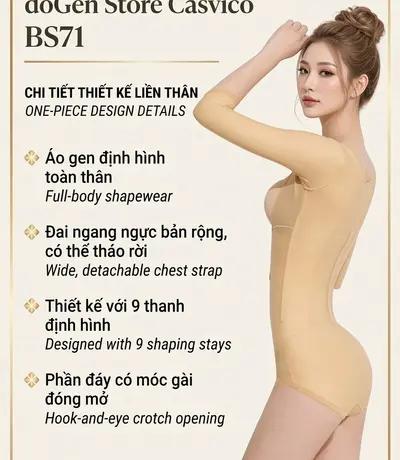 Áo gen định hình toàn thân BS71 màu da nhìn nghiêng với đai ngang ngực tháo rời