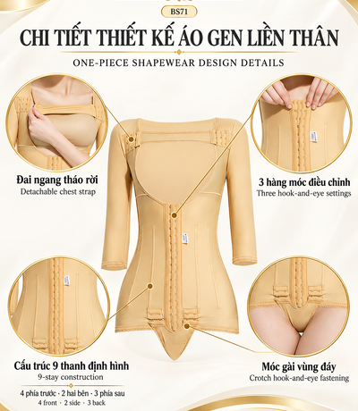 Chi tiết thiết kế áo gen liền thân BS71 màu da với đai tháo rời, móc gài trước và móc gài đáy