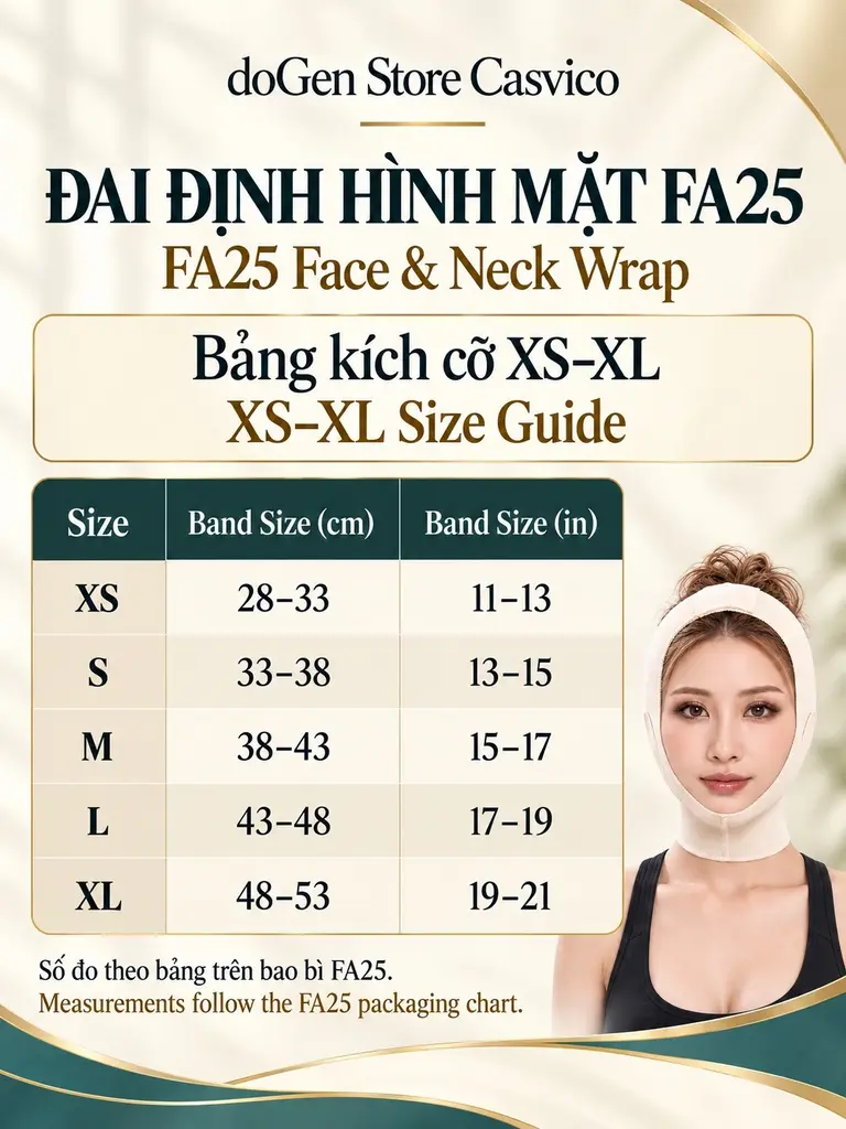 Bảng size FA25 XS đến XL với các khoảng Band Size theo cm và inch