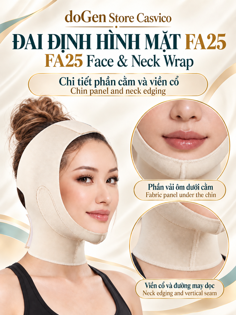 Poster FA25 màu da với ảnh phóng đại phần dưới cằm và đường may vùng cổ