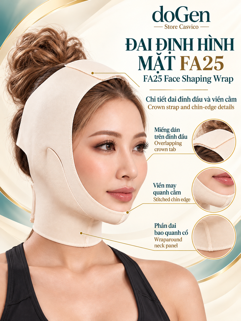 Poster FA25 màu da minh họa miếng dán đỉnh đầu, viền may quanh cằm và đai cổ