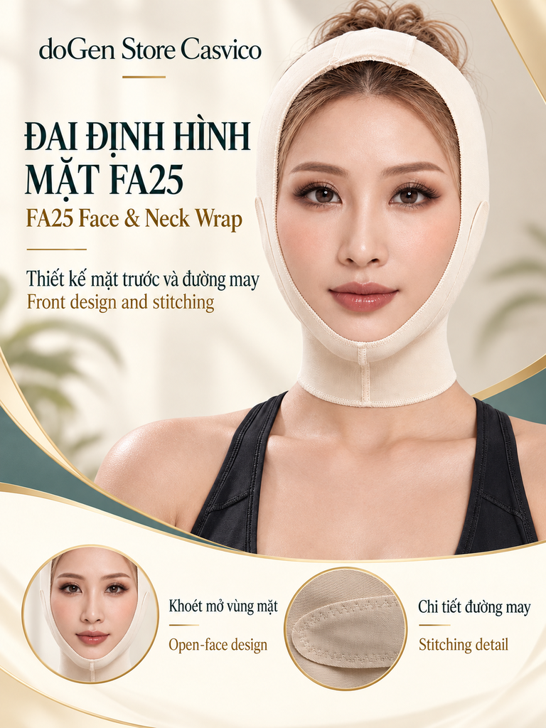 Poster FA25 màu da nhìn chính diện, có ô minh họa phần mặt mở và đường may