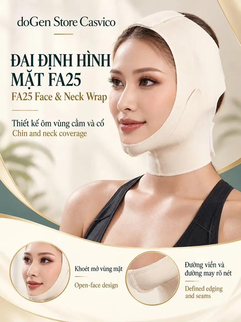 Poster FA25 màu da ở góc chếch với phần mặt mở và vải quanh cằm, cổ