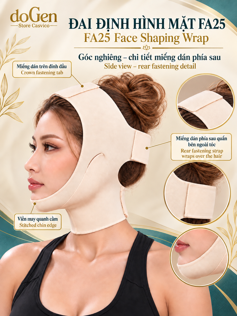 Poster góc nghiêng FA25 màu da, chỉ vị trí miếng dán đỉnh đầu và dải sau đầu qua tóc
