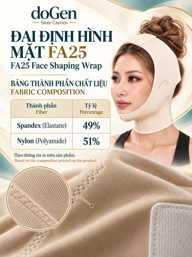 Poster thành phần FA25 ghi Spandex 49% và Nylon 51%, kèm hình vải màu da