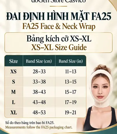 Bảng size FA25 XS đến XL với các khoảng Band Size theo cm và inch