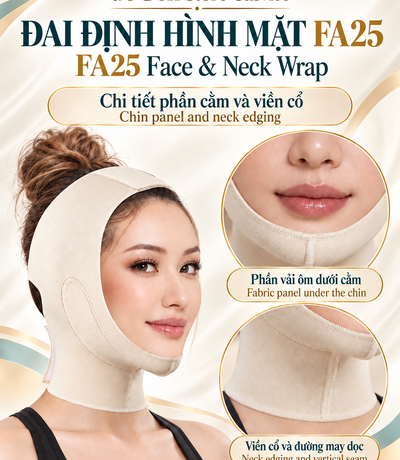 Poster FA25 màu da với ảnh phóng đại phần dưới cằm và đường may vùng cổ