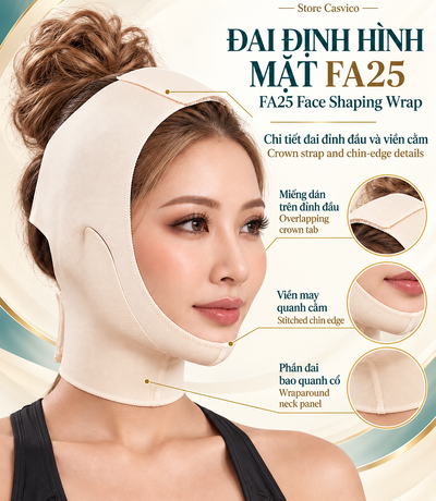 Poster FA25 màu da minh họa miếng dán đỉnh đầu, viền may quanh cằm và đai cổ