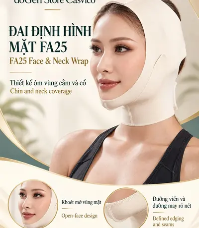 Poster FA25 màu da ở góc chếch với phần mặt mở và vải quanh cằm, cổ
