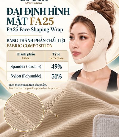 Poster thành phần FA25 ghi Spandex 49% và Nylon 51%, kèm hình vải màu da