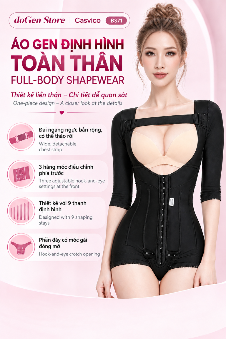 Áo gen định hình toàn thân BS71 màu đen với đai ngang ngực và móc gài phía trước