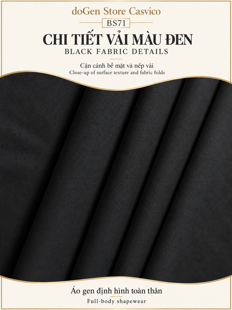 Cận cảnh bề mặt và nếp vải áo gen BS71 màu đen