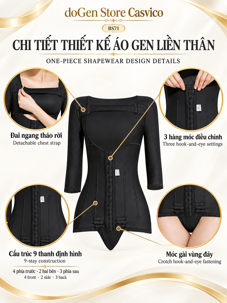 Chi tiết áo gen liền thân BS71 màu đen với đai tháo rời, móc gài trước và móc gài đáy