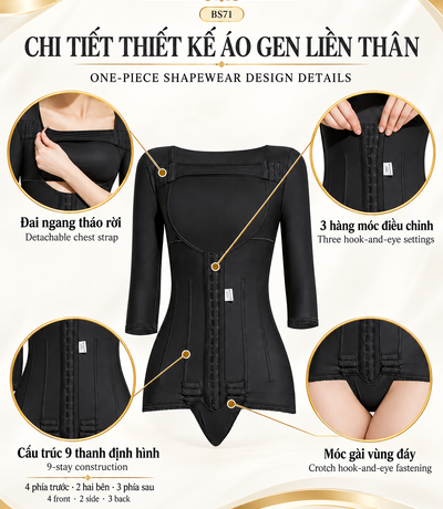 Chi tiết áo gen liền thân BS71 màu đen với đai tháo rời, móc gài trước và móc gài đáy