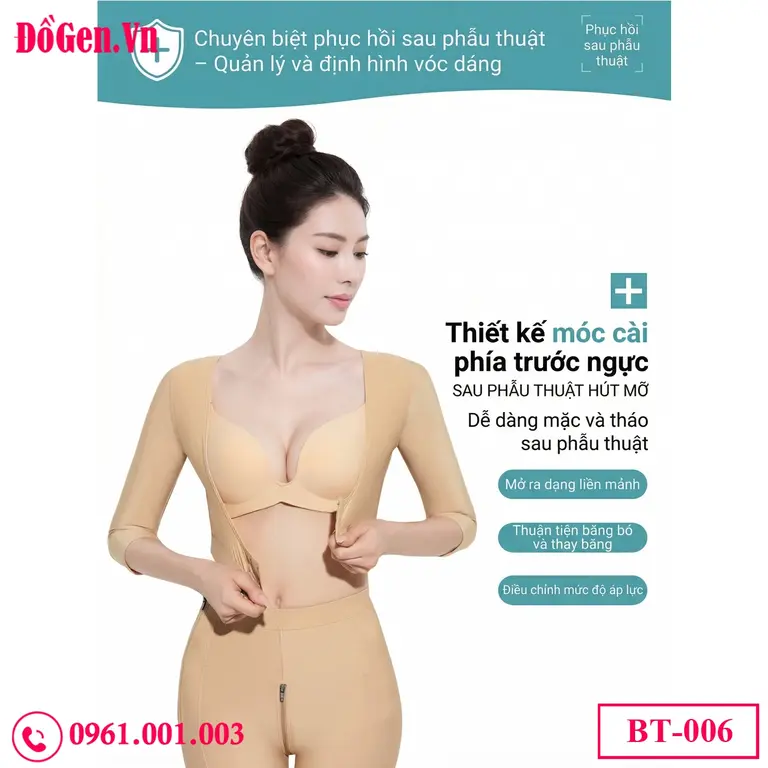 phụ nữ mặc gen nịt sau hút mỡ bắp tay, dáng gọn, nền trắng