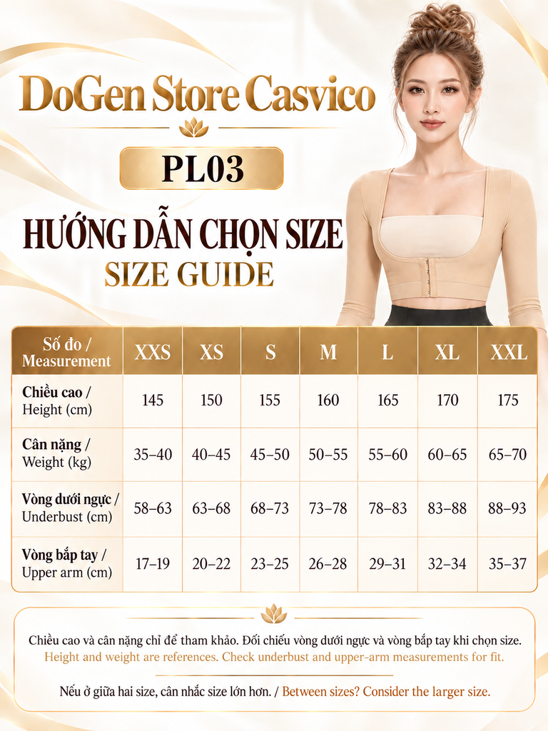 Bảng size áo gen bắp tay PL03 Casvico màu da từ XXS đến XXL