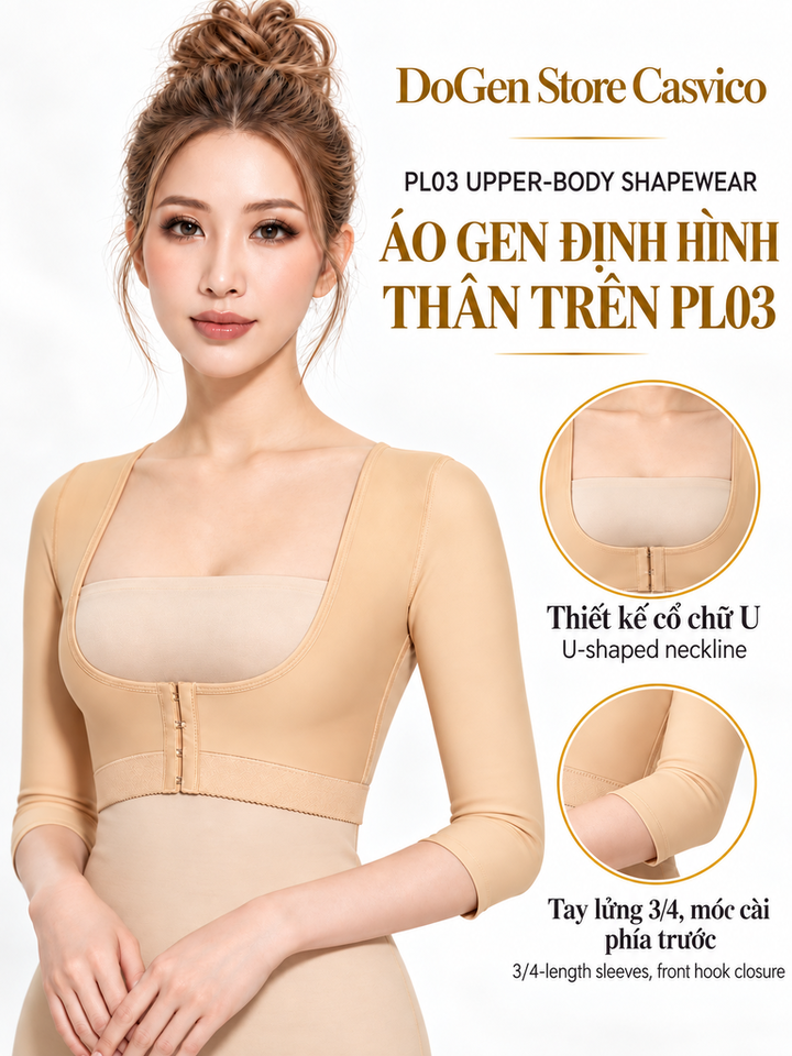 Người mẫu mặc áo gen định hình tay và thân trên PL03 Casvico màu da, tay lửng và móc cài phía trước