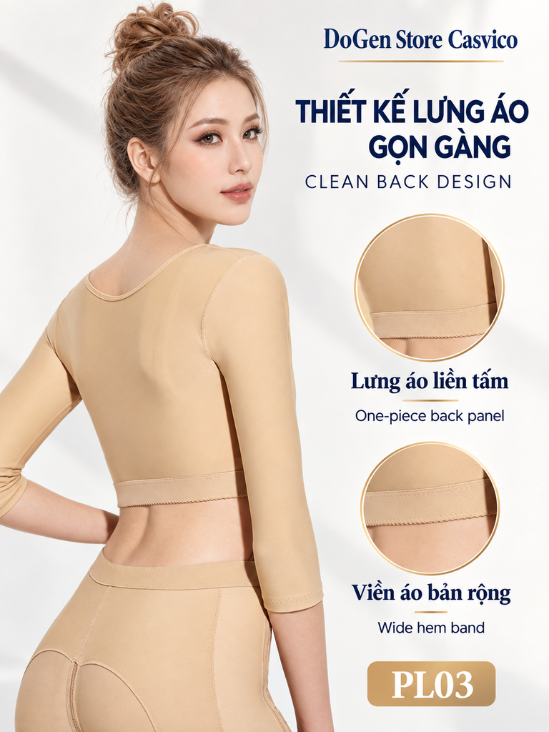 Mặt sau áo gen PL03 Casvico màu da với lưng áo liền tấm và viền áo bản rộng